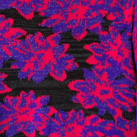 Vintage Floral Sweater Mock Turtleneck 80s 90s Neon Pink Purple Glitter Retro - Picture 10 of 15